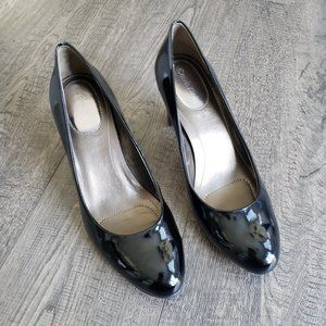 Calvin Klein Black Stacked Heel Babe Patent Leather Pumps Style E0340 Women’s 6M